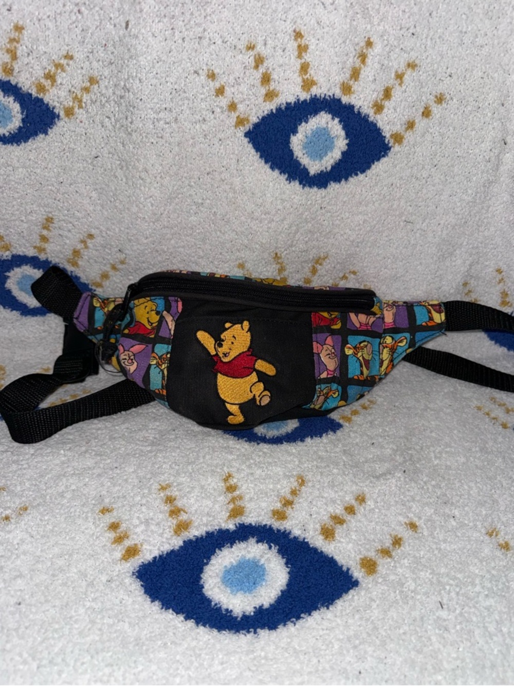 Vintage Disney Winnie the Pooh Black Fanny Pack with Colorful Character Panels - Picture 2 of 5